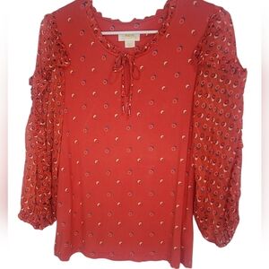 Maeve by Anthropologie Red Puffy Sleeve Tie Neck Top Size Small
